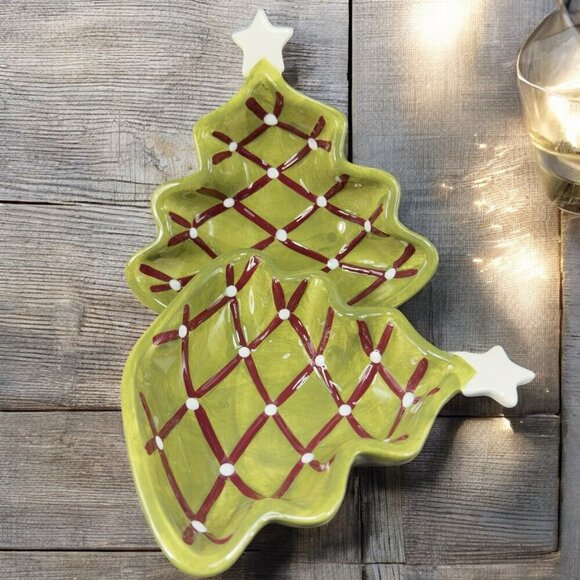 Pottery Barn Seasons Greetings Ceramic Plates Dishes Set 2 Christmas Tree Shaped - Picture 1 of 15